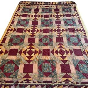 Handmade Vintage Patchwork Quilt Burgundy Green Gingham Bear Paw Pattern 85x98